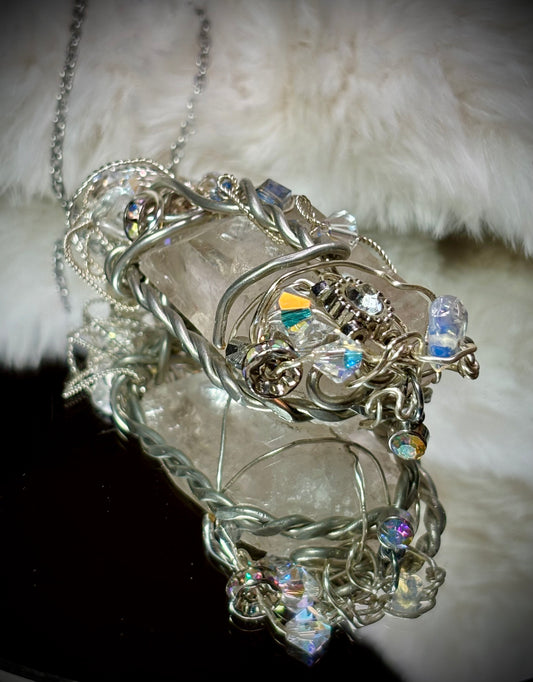 Crystal and quartz crystal pendant: TWIN PILLARS OF CLARITY  