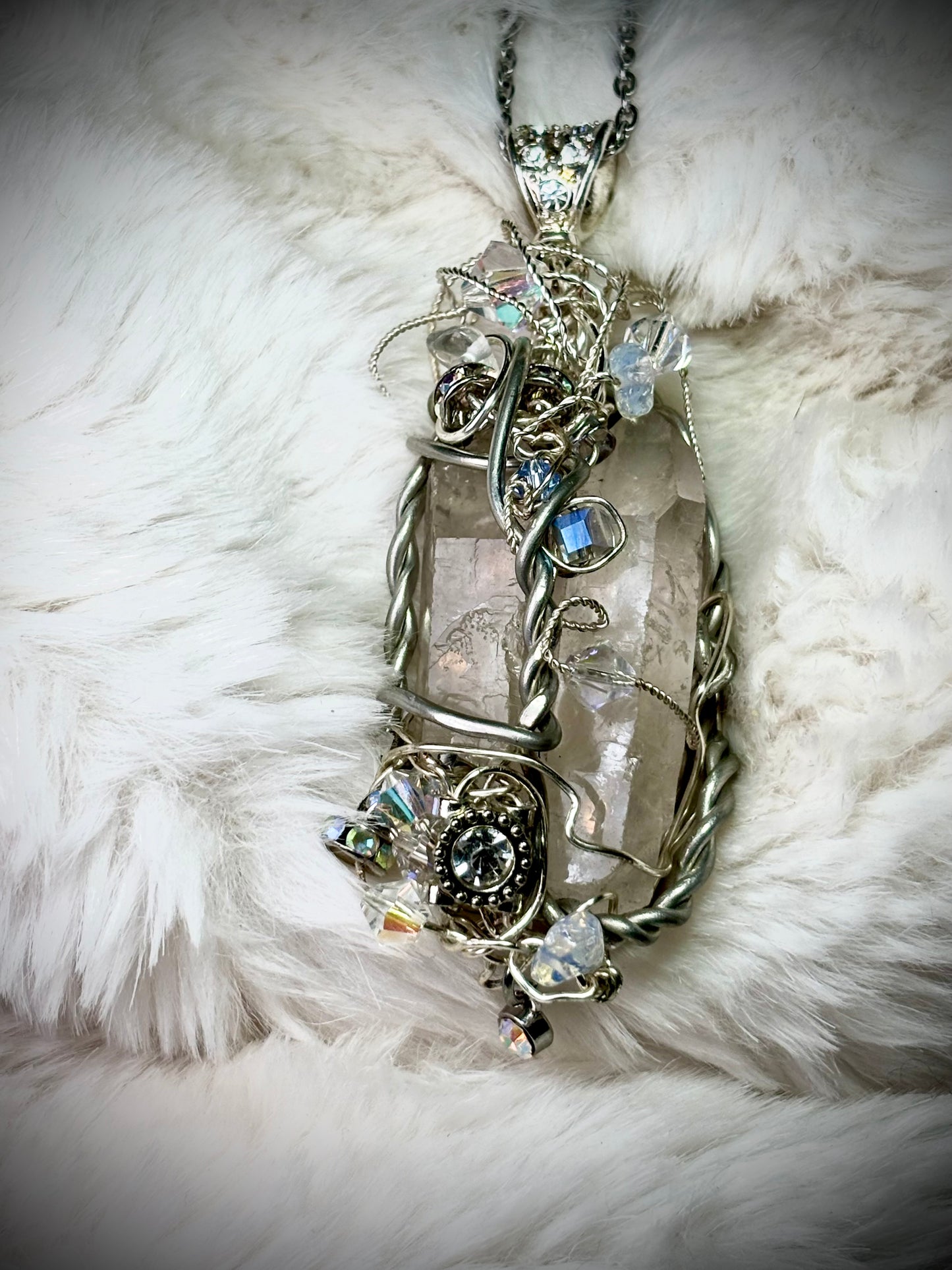 Crystal and quartz crystal pendant: TWIN PILLARS OF CLARITY  