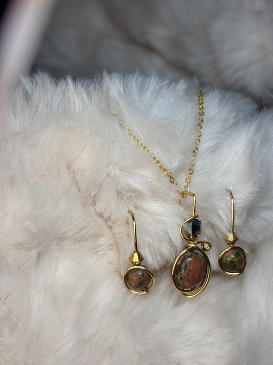 Garden of the heart: Unakite pendant, and earrings set
