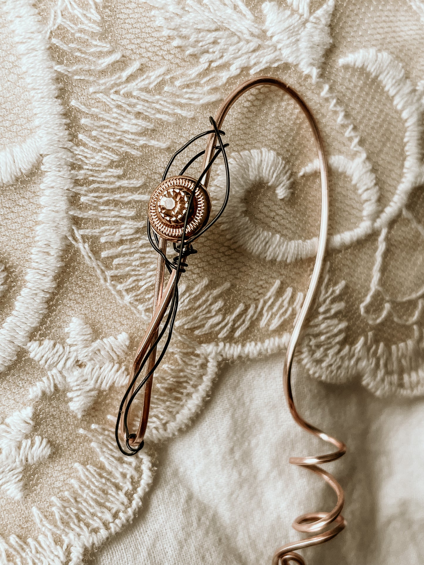 Morganite earcuff with black wire