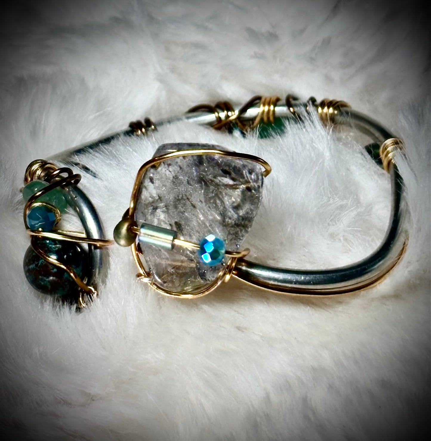 Tourmalinated Quartz (Quartz with Black Tourmaline inclusions), Peruvian Turquoise, Advertine Bracelet: Branches of Protection