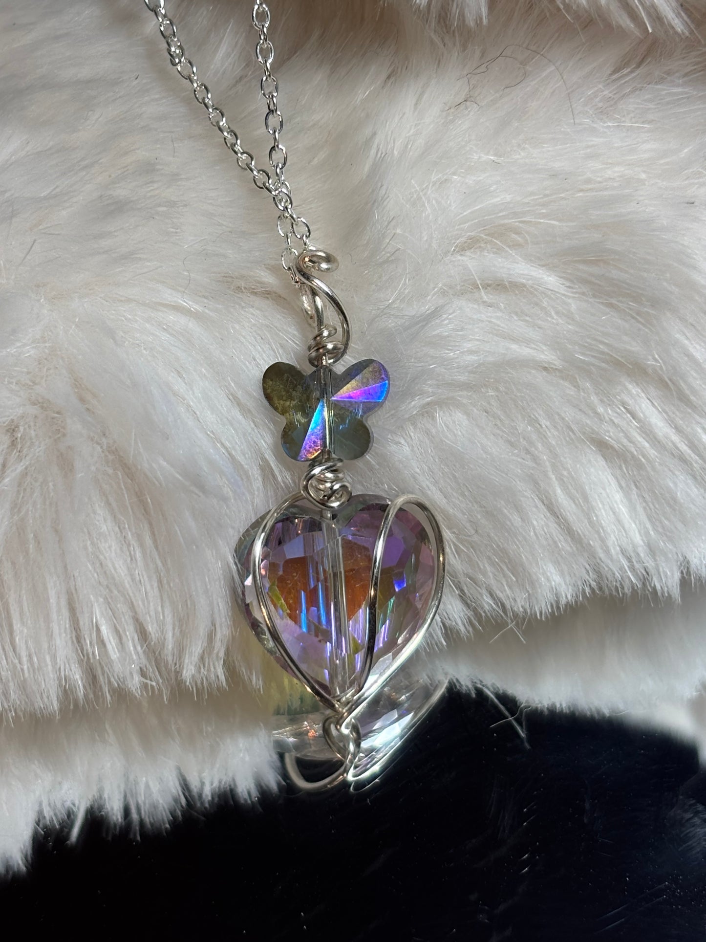 Crystal heart, and butterfly pendant