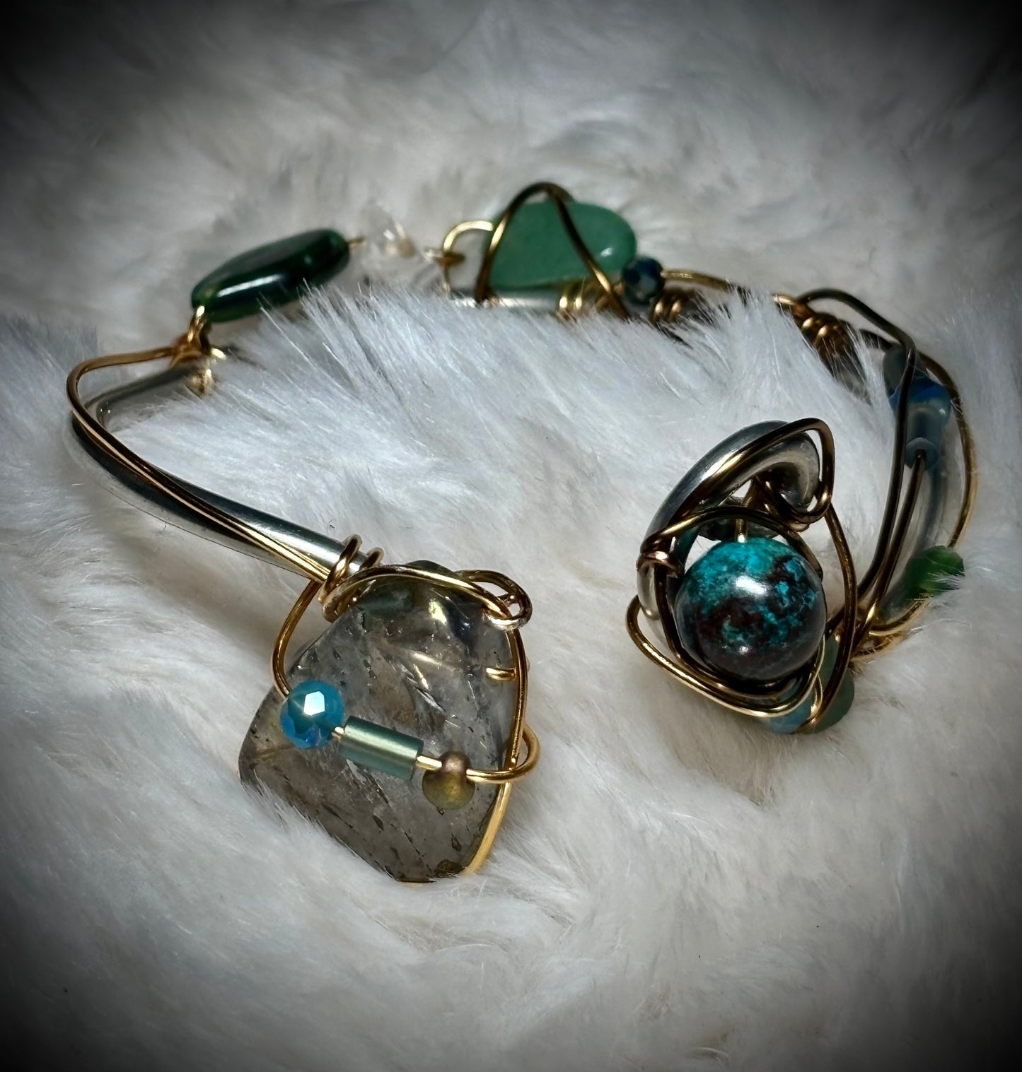 Tourmalinated Quartz (Quartz with Black Tourmaline inclusions), Peruvian Turquoise, Advertine Bracelet: Branches of Protection